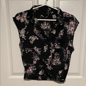 Dynamite Black Floral Wrap Blouse